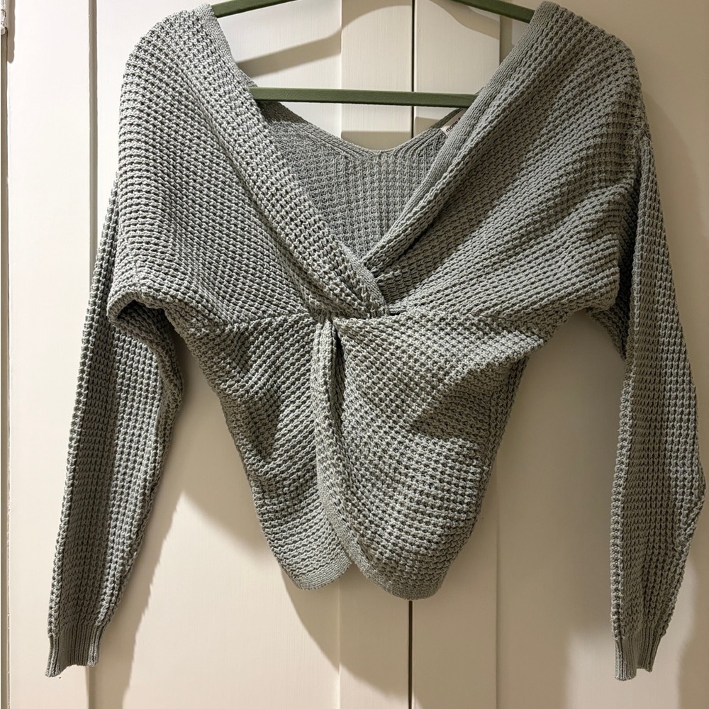 Off Shoulder Knotted Design Moon & Madison Light Sage Green Knit Sweater